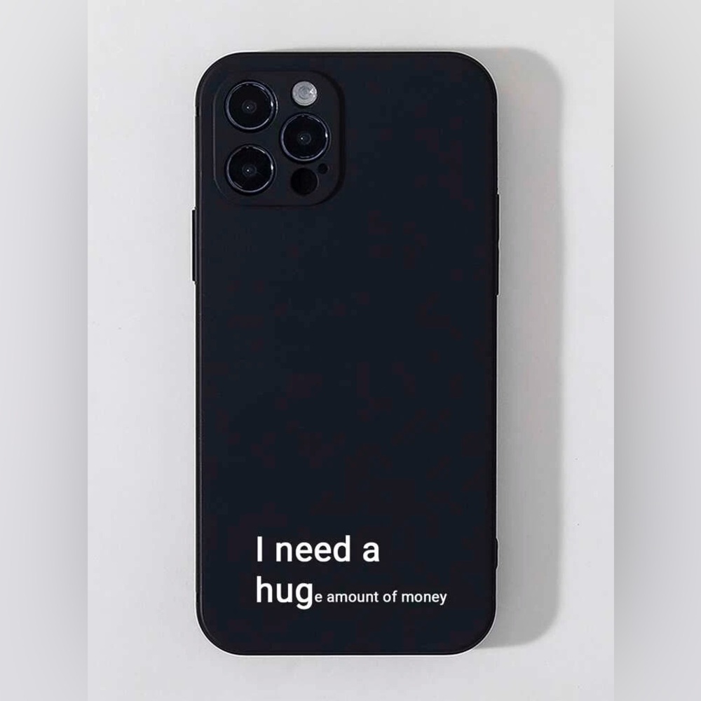 iPhone 13 Pro Max phone case. Black case with white text.